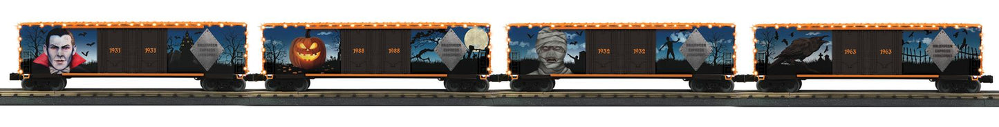 MTH 30-70149 O Gauge RailKing Halloween 4-Car 50’ Double Door Plugged Boxcar Set w/ LED Lights Set