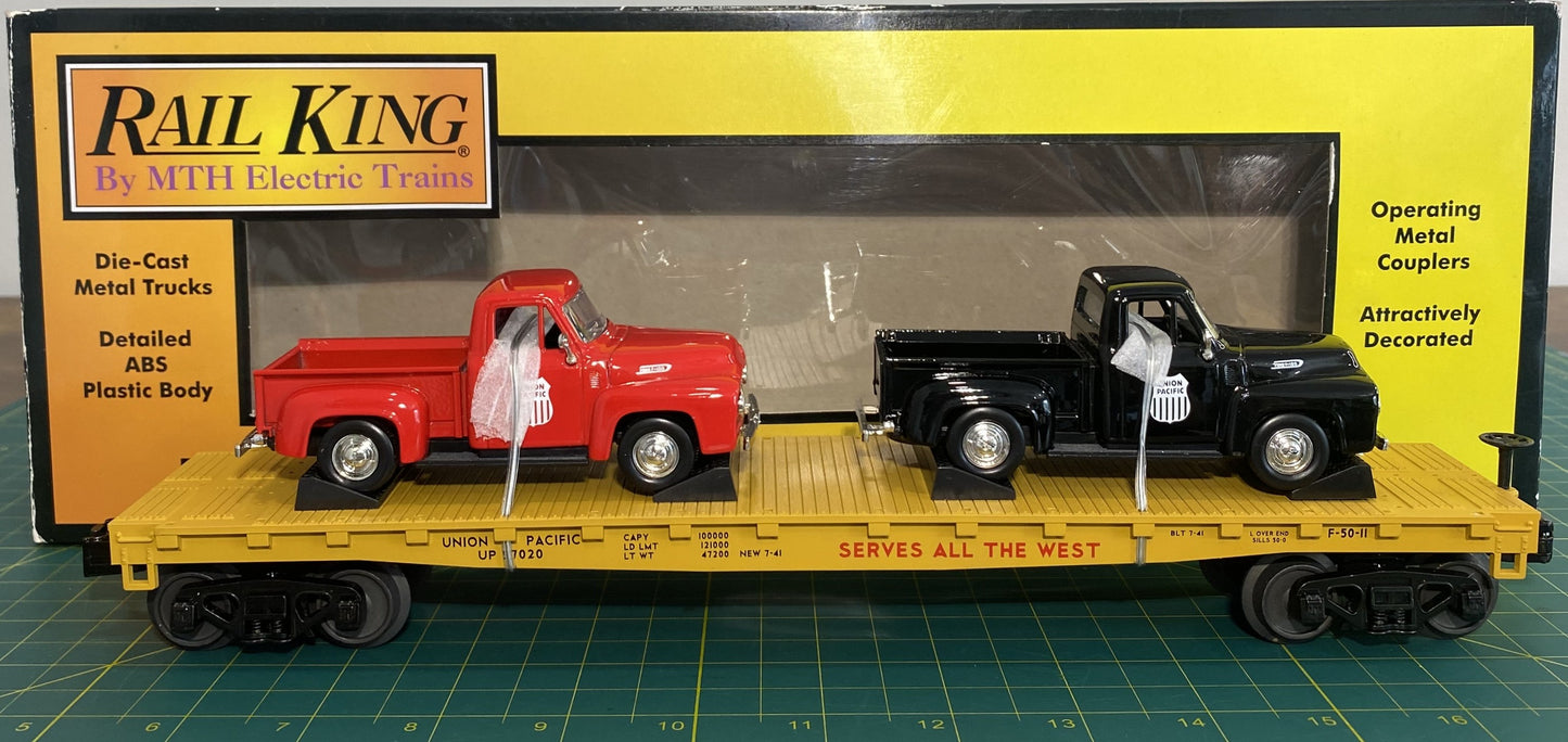 Rail King 30-76670 Union Pacific O Gauge Flat Car w/(2) '53 Ford Pickup Trucks