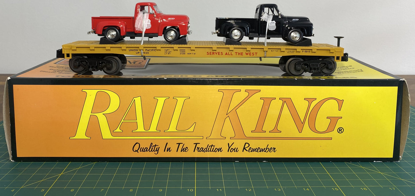 Rail King 30-76670 Union Pacific O Gauge Flat Car w/(2) '53 Ford Pickup Trucks