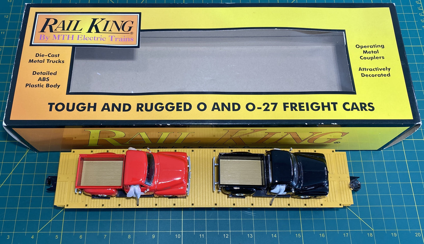 Rail King 30-76670 Union Pacific O Gauge Flat Car w/(2) '53 Ford Pickup Trucks