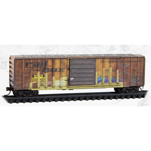 Micro-Trains 025144019 N Scale 50' Single Door Rib Side Box Car w/o Roofwalk Weathered Burlington Northern Ex-Railbox #250463
