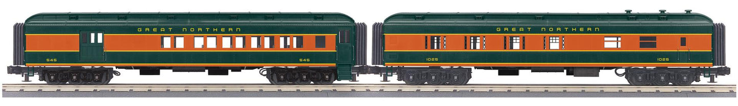MTH 30-69386 O Gauge RailKing Great Northern 2-Car 60’ Madison Combo/Diner Set