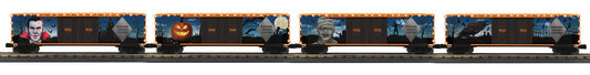 MTH 30-70149 O Gauge RailKing Halloween 4-Car 50’ Double Door Plugged Boxcar Set w/ LED Lights Set