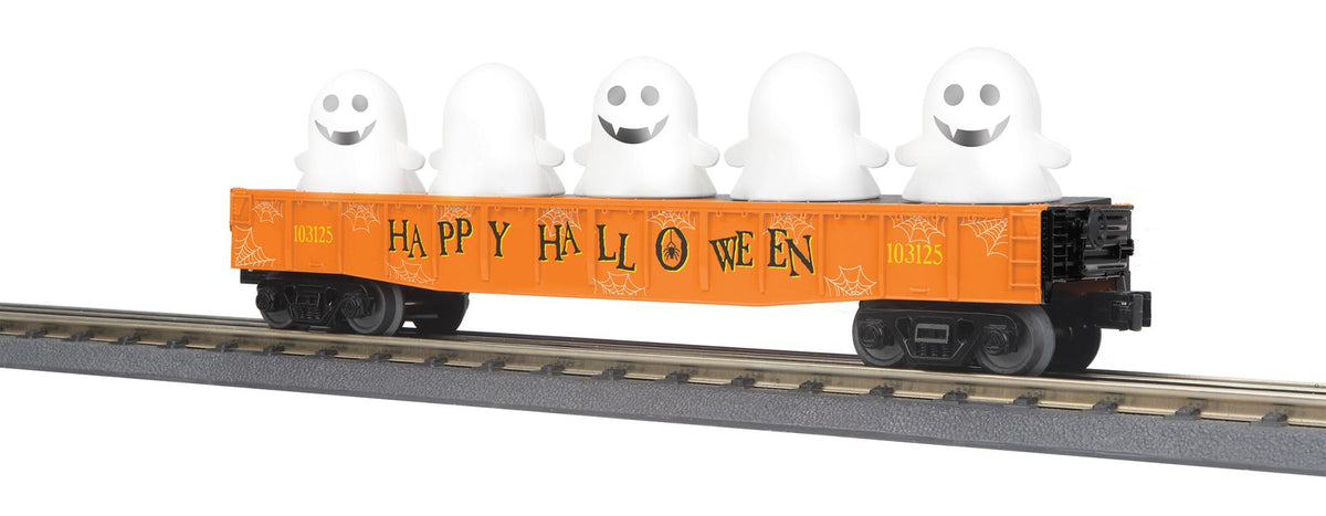 MTH 30-72258 O Gauge RailKing Halloween Gondola Car w/Flickering Lighted Ghosts (Orange)