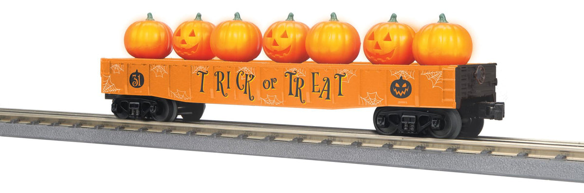 MTH 30-72260 O Gauge RailKing Halloween Gondola Car w/Flickering Lighted Jack-O-Lanterns (Orange)