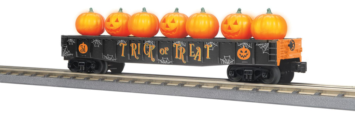 MTH 30-72261 O Gauge RailKing Halloween Gondola Car w/Flickering Lighted Jack-O-Lanterns (Black)