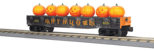 MTH 30-72270 O Gauge RailKing Halloween Gondola Car w/Flickering Lighted Jack-O-Lanterns Black
