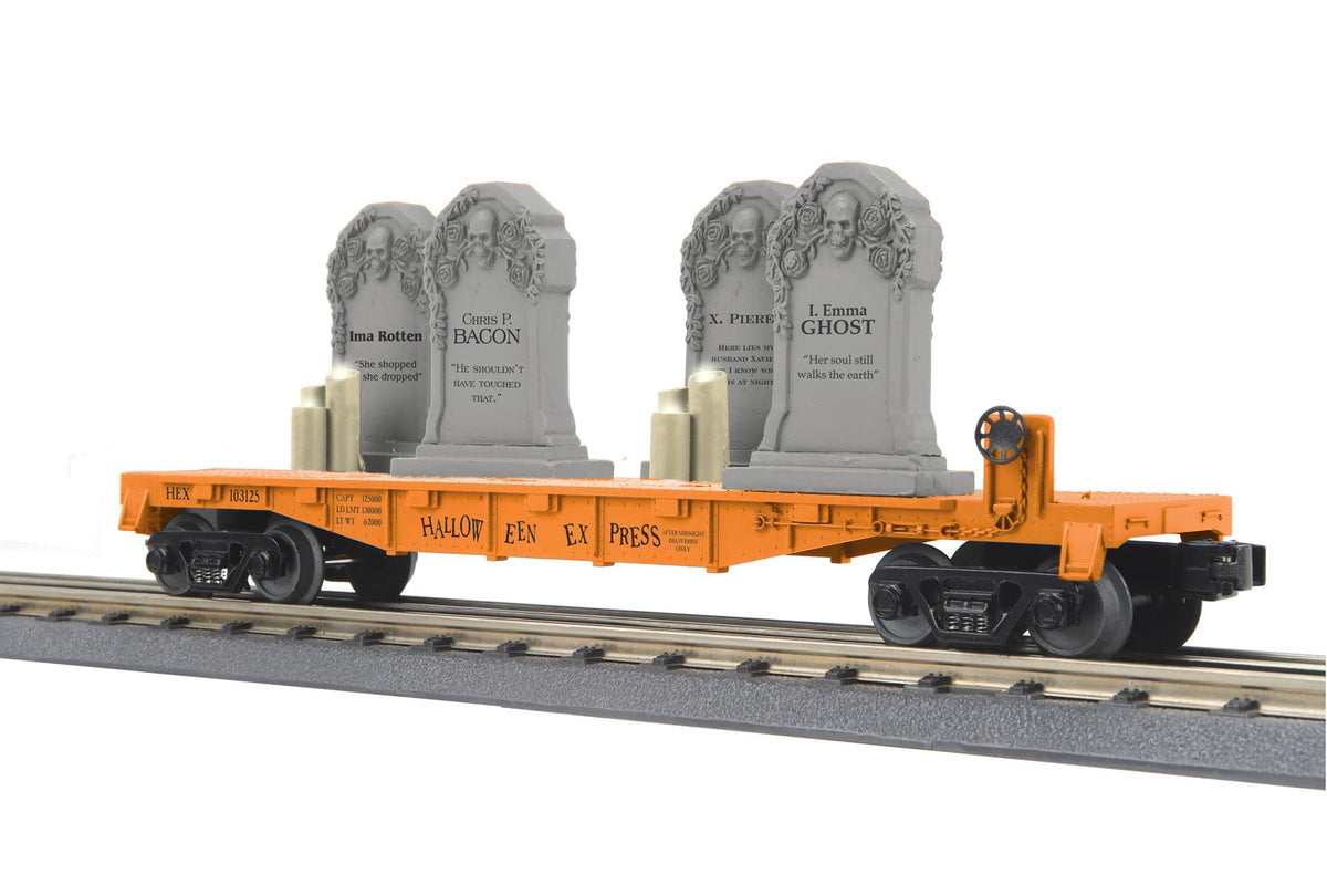 MTH 30-76926 O Gauge RailKing Halloween Flat Car w/Headstones & Flickering Lighted Candles (Orange)