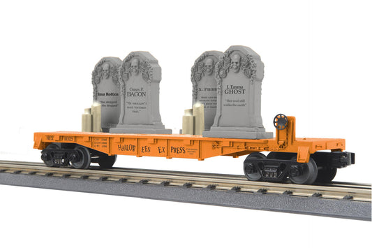 MTH 30-76926 O Gauge RailKing Halloween Flat Car w/Headstones & Flickering Lighted Candles (Orange)