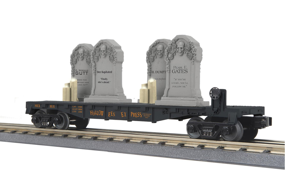 MTH 30-76927 O Gauge RailKing Halloween Flat Car w/Headstones & Flickering Lighted Candles (Black)