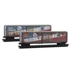 Micro-Trains 983105109 N Scale 50' Single Door Box Car w/o Roofwalk BN Ex-NP "Share in Freedom" Weathered 2-Pack #31007, #31128