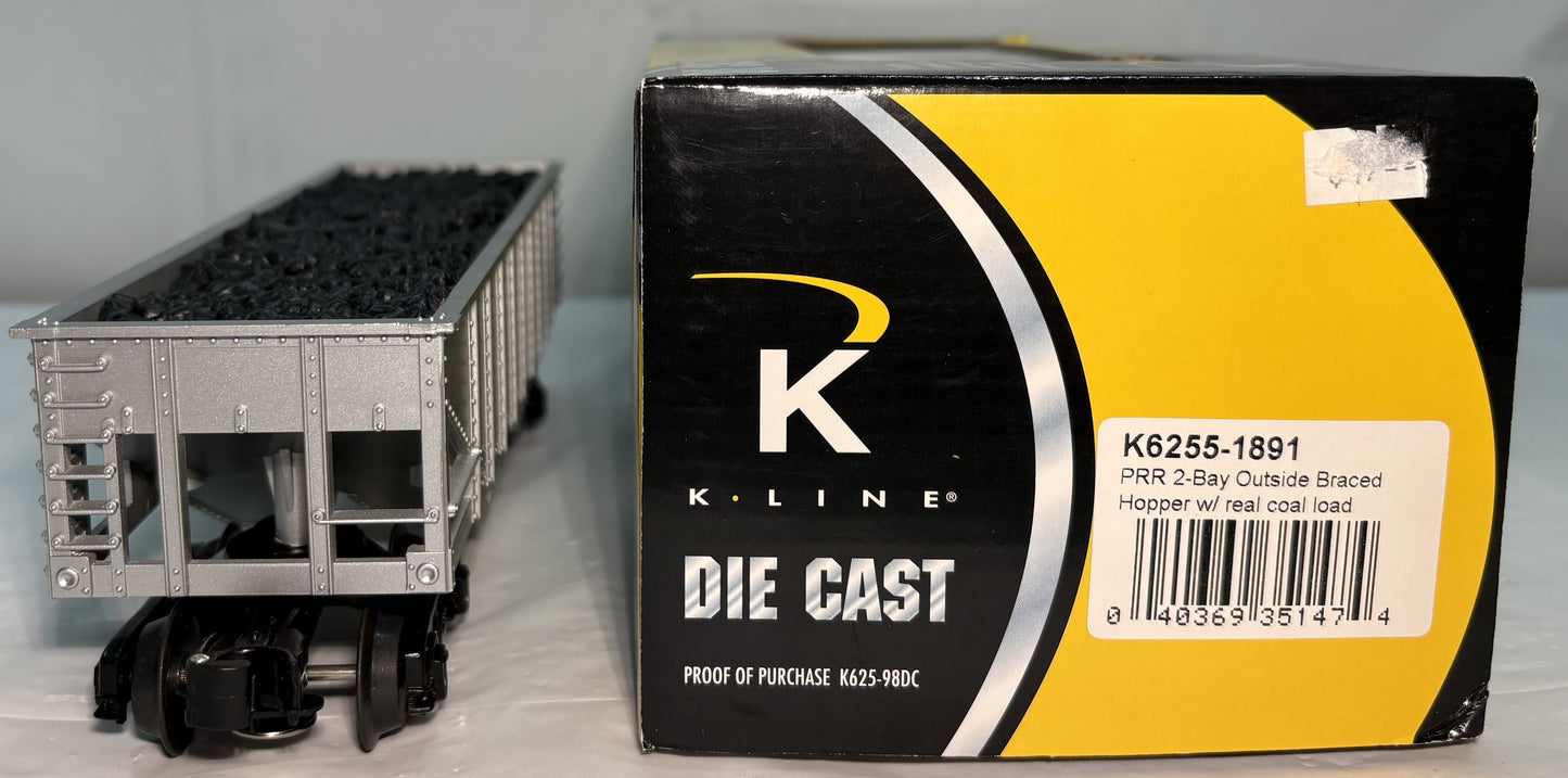 K-Line K6255-1891 O Gauge Pennsylvania PRR 2-Bay Outside Braced Hopper w/Real Coal Load
