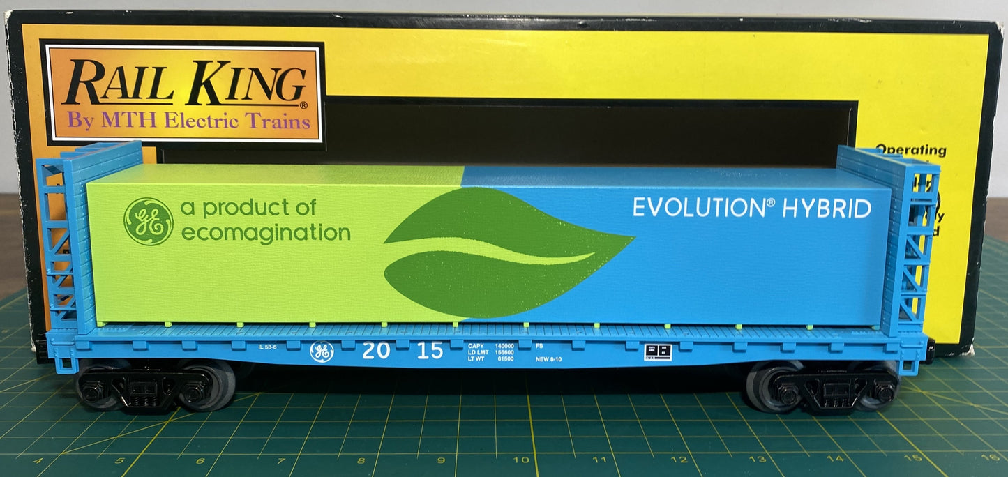 Rail King #30-76614 G.E. Evolution Flat Car - w/Bulkheads & Lumber Load by MTH