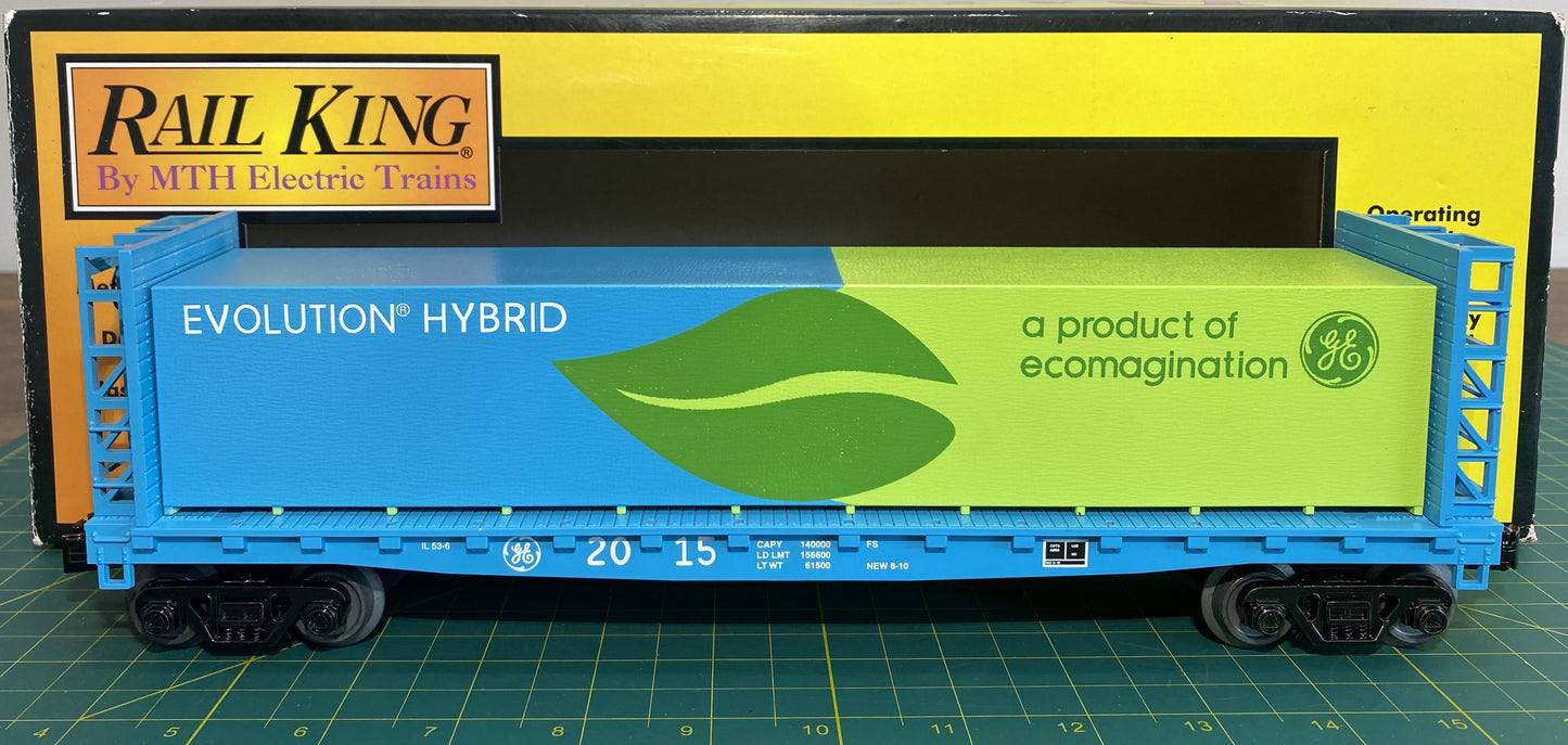 Rail King #30-76614 G.E. Evolution Flat Car - w/Bulkheads & Lumber Load by MTH
