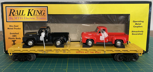 Rail King 30-76670 Union Pacific O Gauge Flat Car w/(2) '53 Ford Pickup Trucks