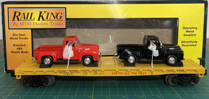Rail King 30-76670 Union Pacific O Gauge Flat Car w/(2) '53 Ford Pickup Trucks