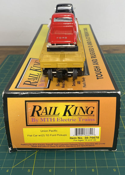 Rail King 30-76670 Union Pacific O Gauge Flat Car w/(2) '53 Ford Pickup Trucks