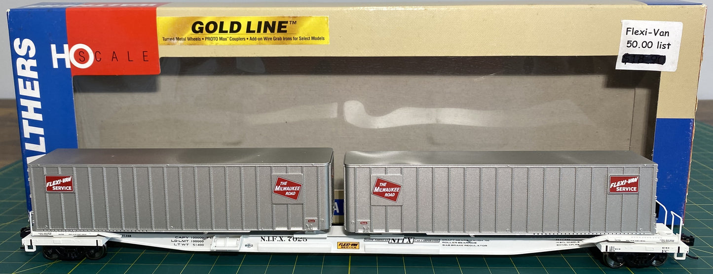 Walthers 932-3922 Gold Line Flexi Van Flat Car w/ Trailers Milwaukee Road #7025
