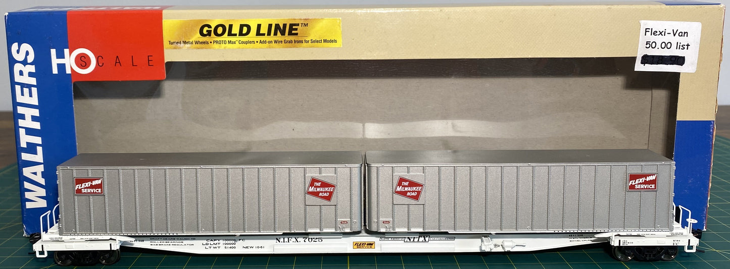 Walthers 932-3922 Gold Line Flexi Van Flat Car w/ Trailers Milwaukee Road #7025
