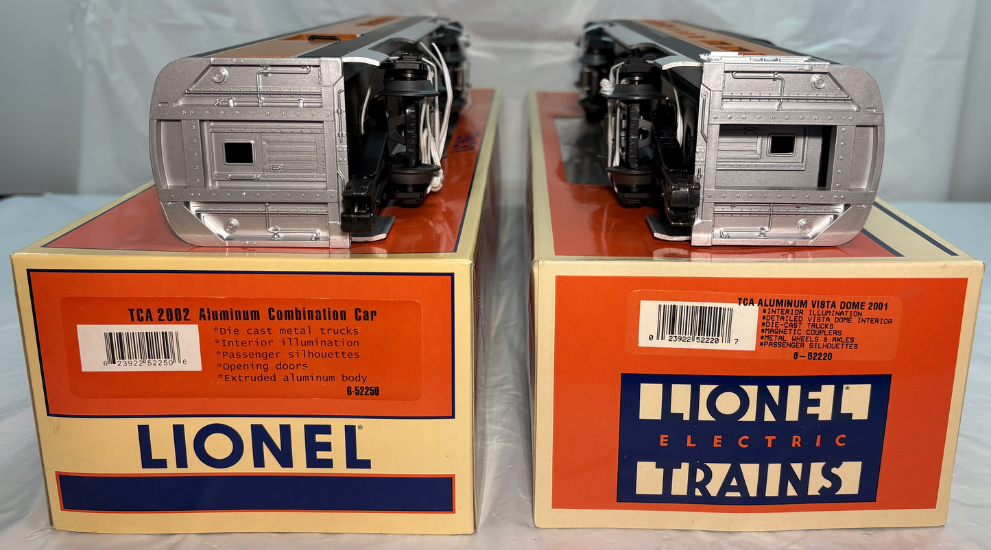 Lionel 6-52250 (2002) & 6-52220 (2001) TCA Aluminum Combination & Dome Passenger Cars