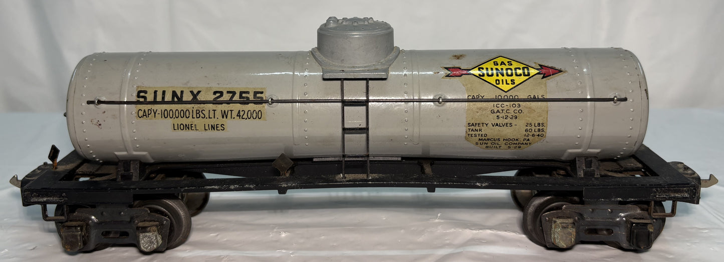 Lionel Pre War 2755 Sunoco Tank Car Grey