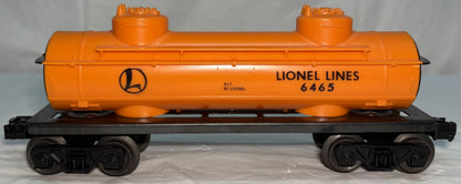 Lionel Post War 6465 Lionel Lines 2 Dome Tank Car Orange/Black Ends