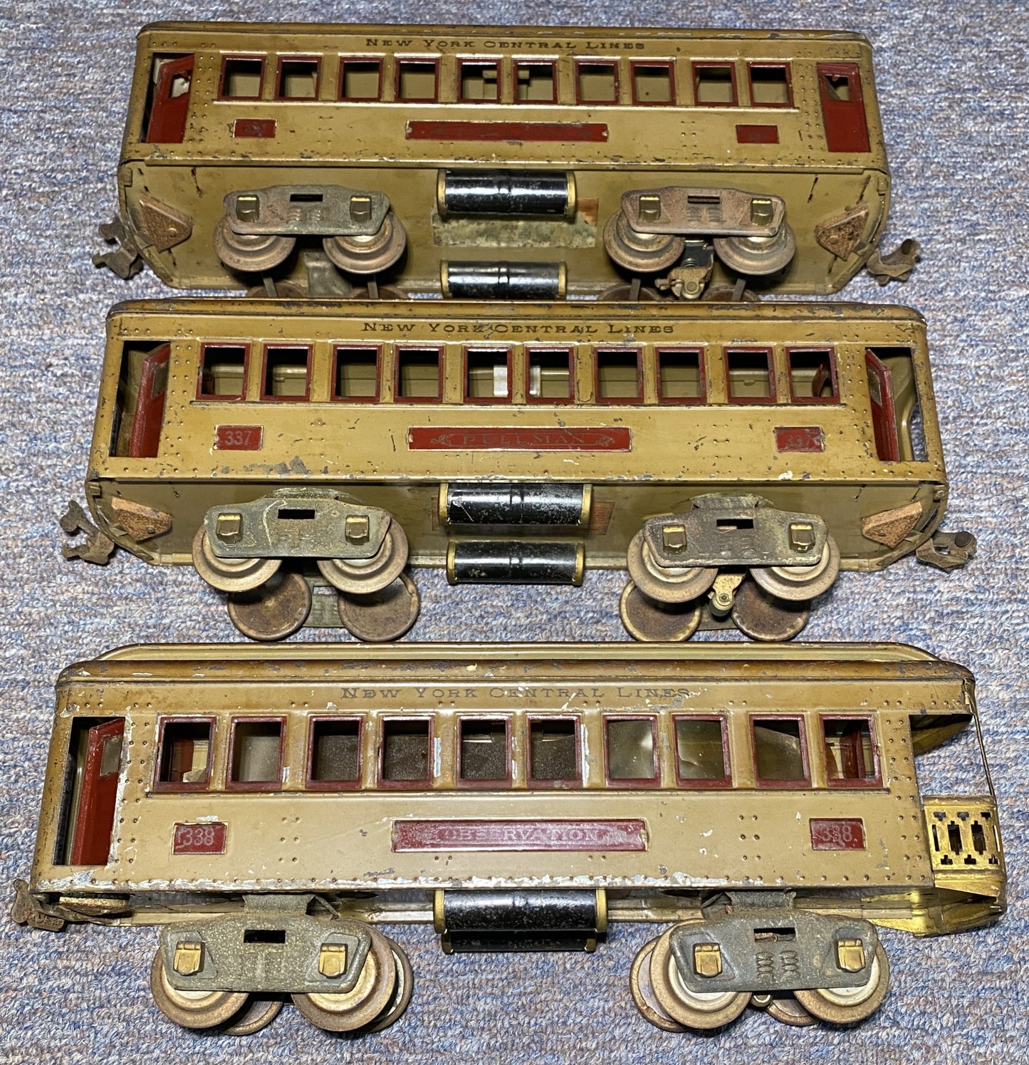 Lionel #337, #337 & #338 Pre-War Passenger Cars Mojave Body and Maroon Doors