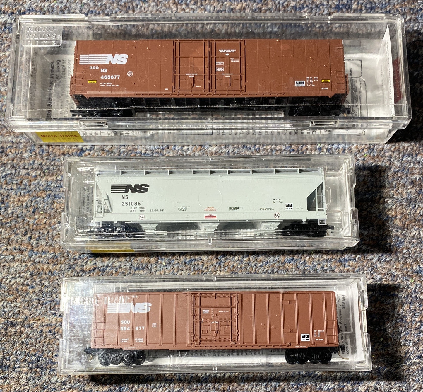 Micro Trains #27230 NS Box Car, #94030 NS Covered Hopper, #102070 NS Box Car