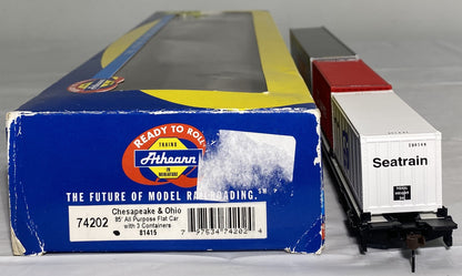 Athearn 74202 Chesapeake & Ohio 85’ All Purpose Flat Car with 3 Containers