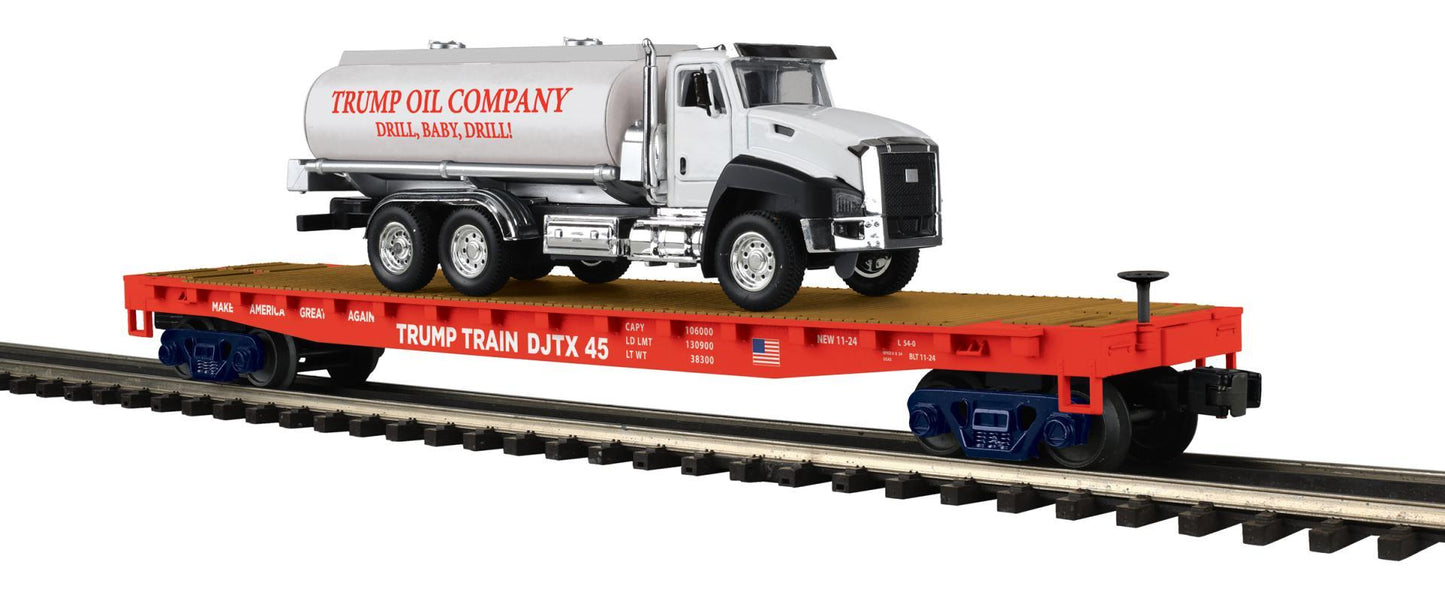 MTH 20-95831 Donald J. Trump O Scale Premier Flat Car with Tanker Truck w/ Sounds and Lights
