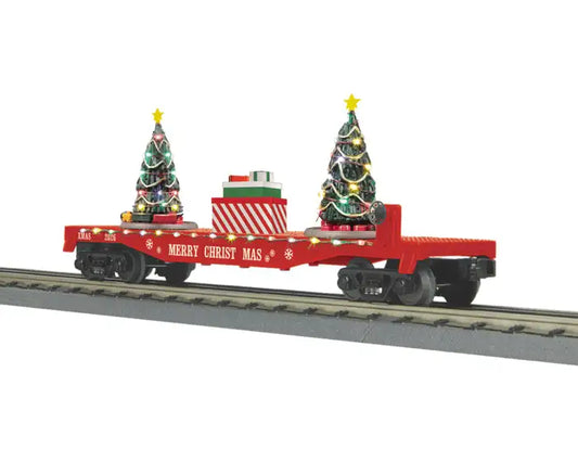 MTH 30-76992 Christmas Flat Car w/Lighted Christmas Trees Red